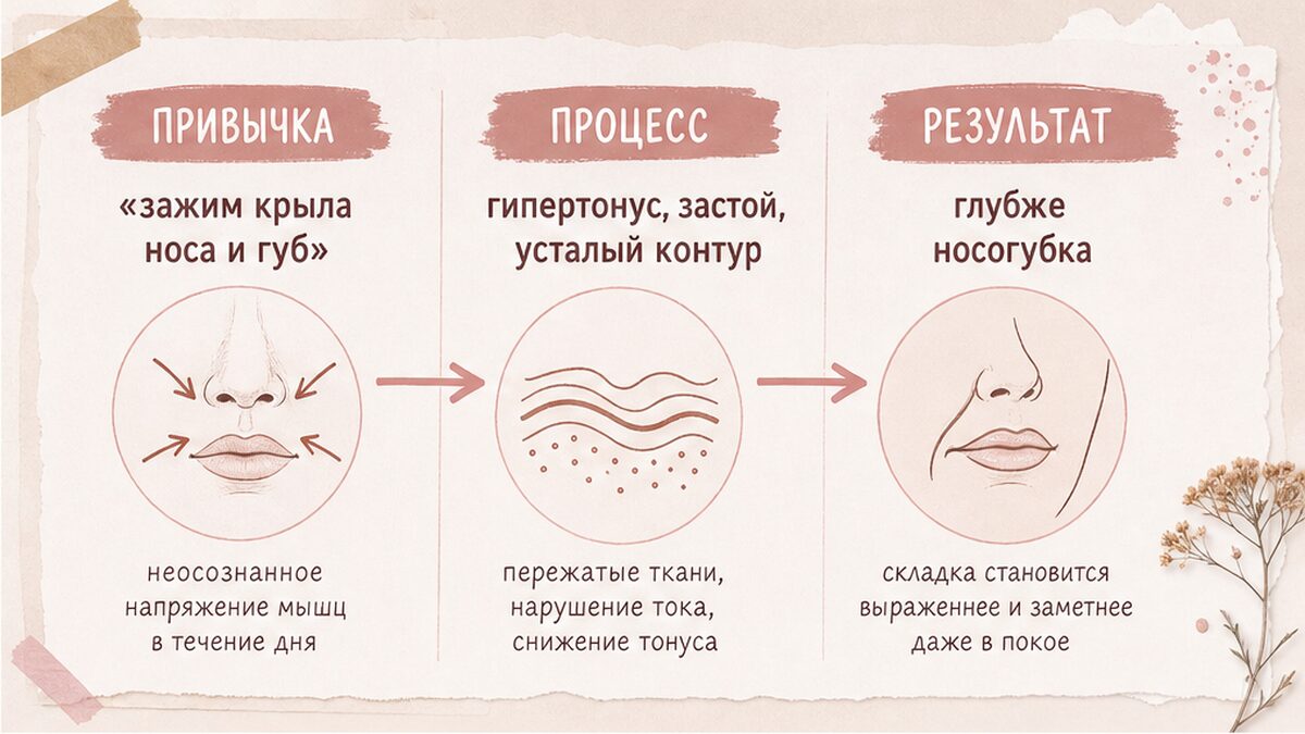 Инфографика: зажим у носа → процесс → носогубная складка