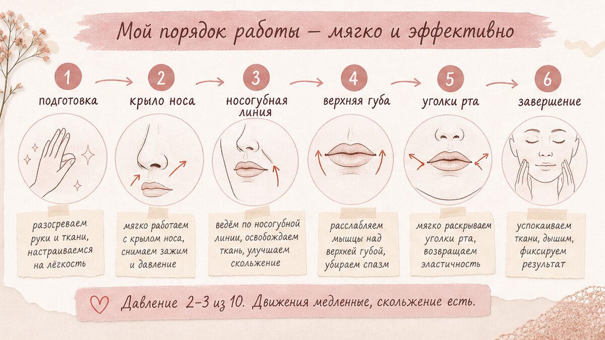 Схема пошаговой проработки носогубной зоны за 5–7 минут