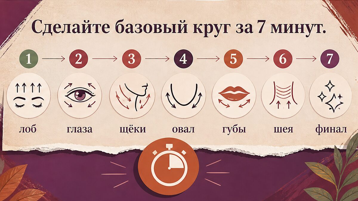 Пошаговая схема: базовый круг гимнастики для лица 7 минут — семь зон