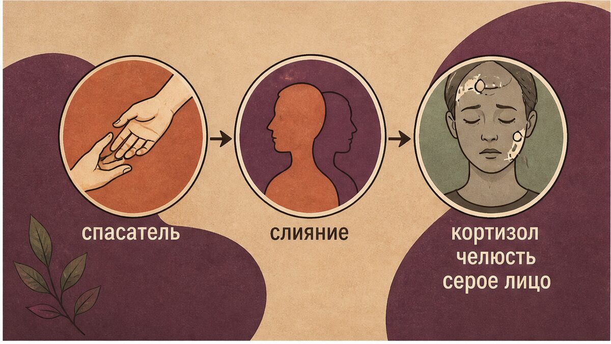 Схема: спасатель → слияние → тело и лицо при созависимости
